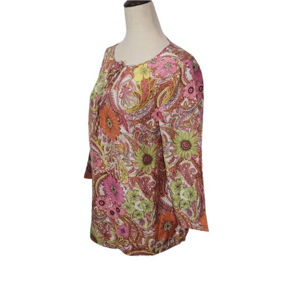 Talbots Pink Colorful Floral Retro Print Silk Blouse Top Small - Picture 3 of 9